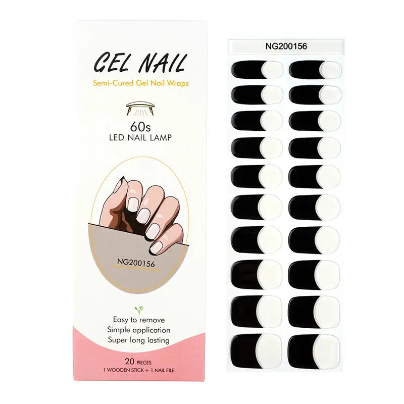 Simples Market 20-piece gel nail wraps NG200156, black and white full-cover tips; includes wooden stick and nail file.