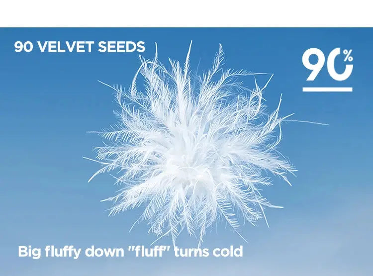 Semir down jacket men promo graphic featuring a fluffy white seed motif on blue background