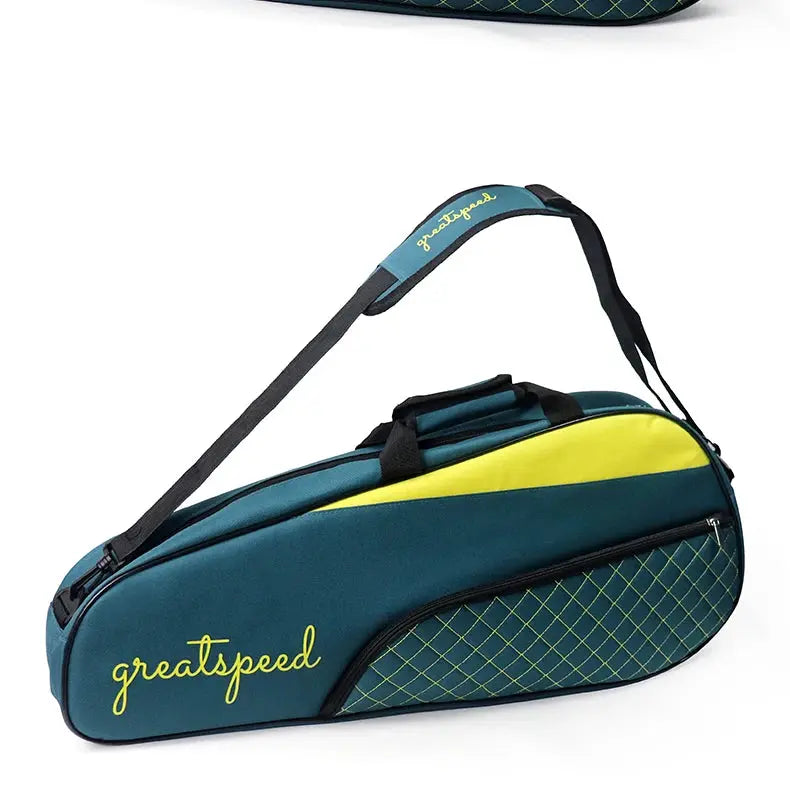 GREATSPEED 3-piece racket bag for tennis/badminton, teal with yellow accent, single-shoulder strap