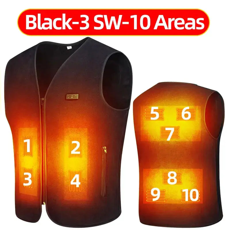 Smart fleece heated vest set (2 vests) for men and women; dark brown fleece with orange heat panels.