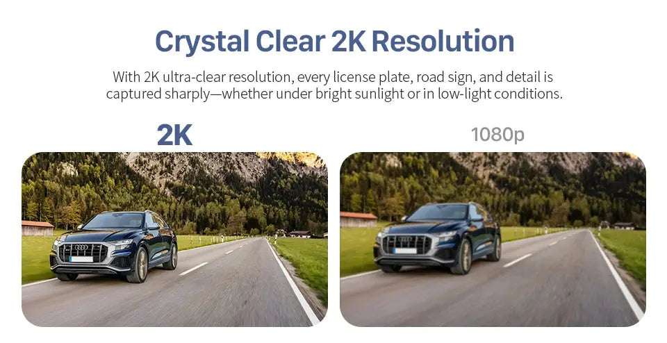 2K KAWA MINI 3 Pro car dash cam marketing image comparing 2K vs 1080p; two side-by-side blue SUVs on a highway