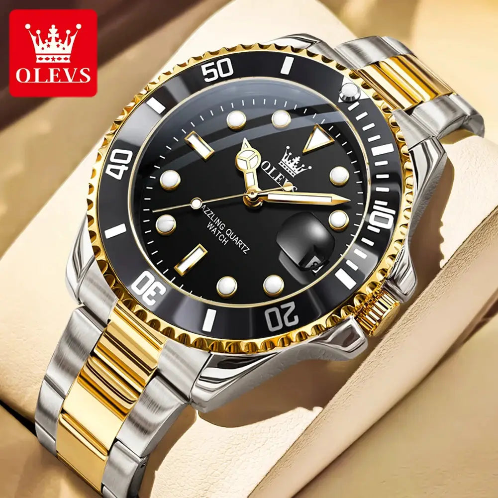 OLEVS 5885 men's diver-style quartz watch with black dial, gold bezel and two-tone stainless steel bracelet