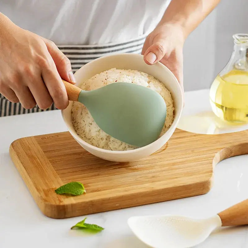 Wooden Handle Silicone Rice Spoon For Rice Cooker Heat Resistant Nonstick Kitchen Utensil