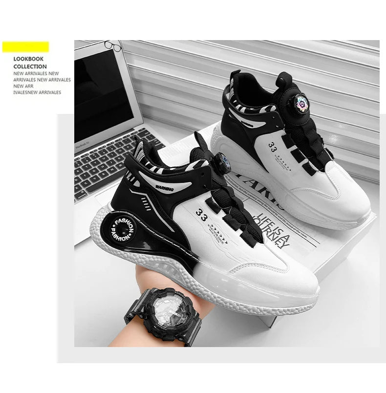 Simples Market men's sneakers with rotating buckle, white and black, non-slip outsole, pair