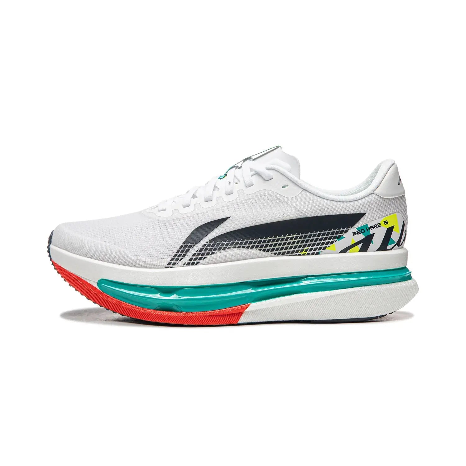 Li-Ning Red Hare 9 Ultra racing shoes, white mesh upper with teal midsole and red outsole