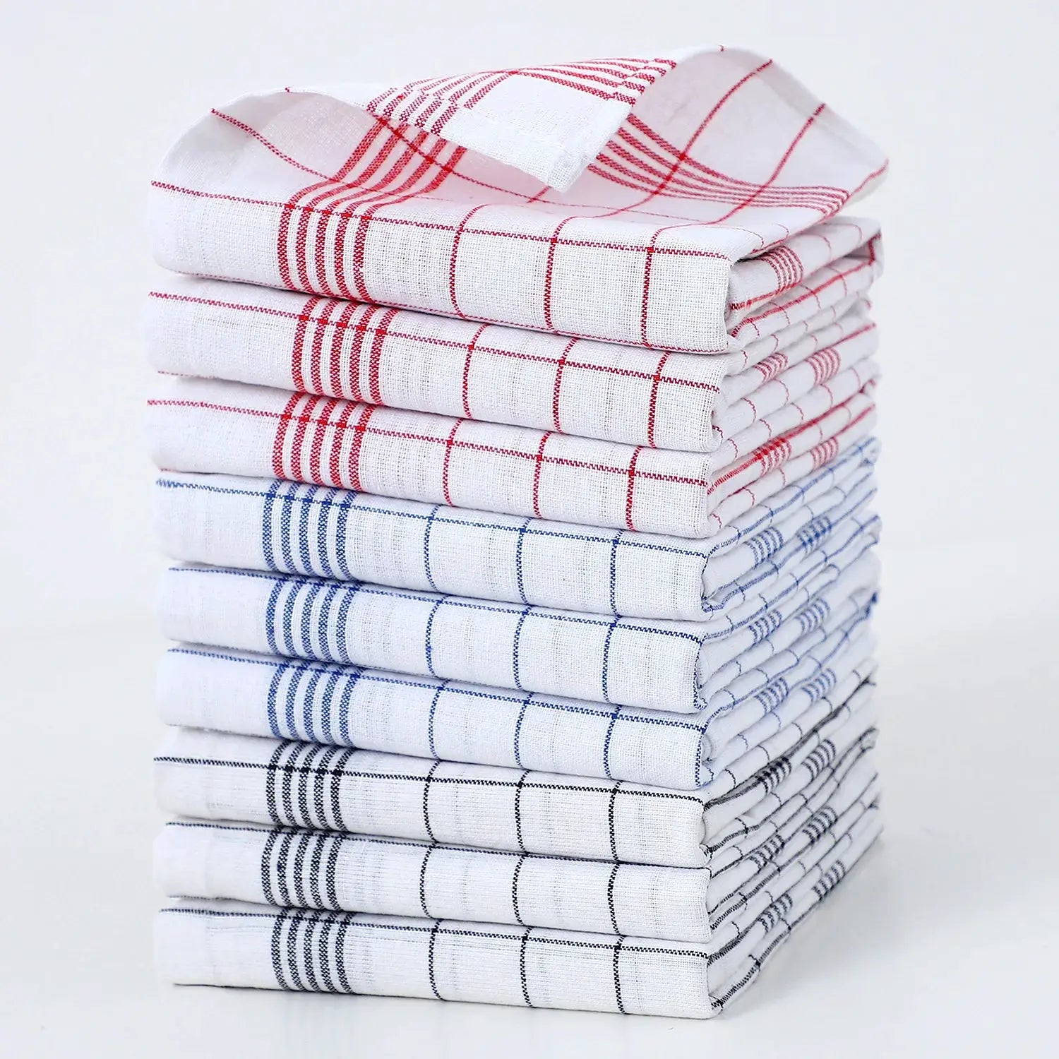 Stack of dish towels, white with red and blue plaid, 10pcs, soft large kitchen towels for bar and kitchen cleaning