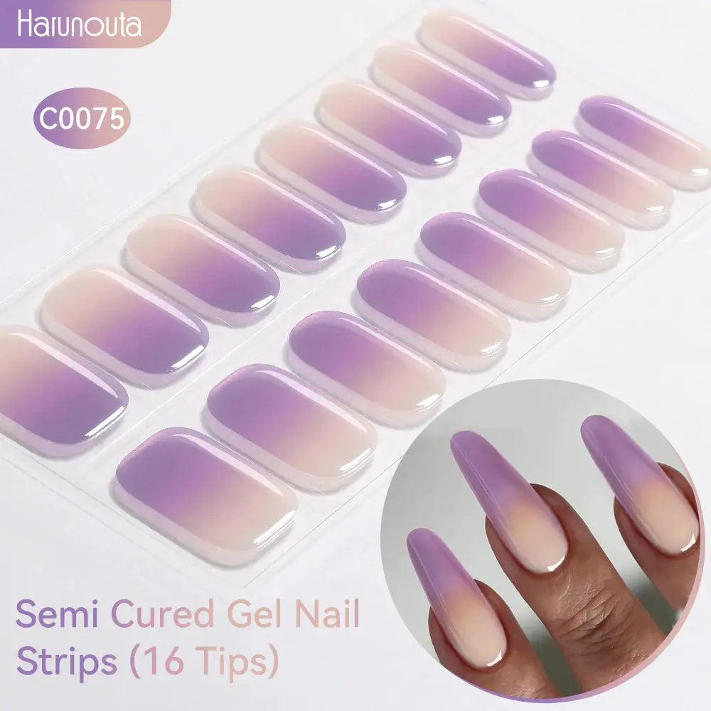 Gradient Auroras semi-cured gel nail strips, 16 lavender-to-peach glossy stickers by Simples Market