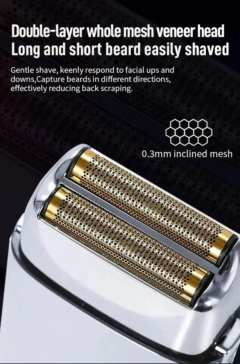 Kemei KM-TX1 electric shaver with gold-silver metal body and double-layer mesh head