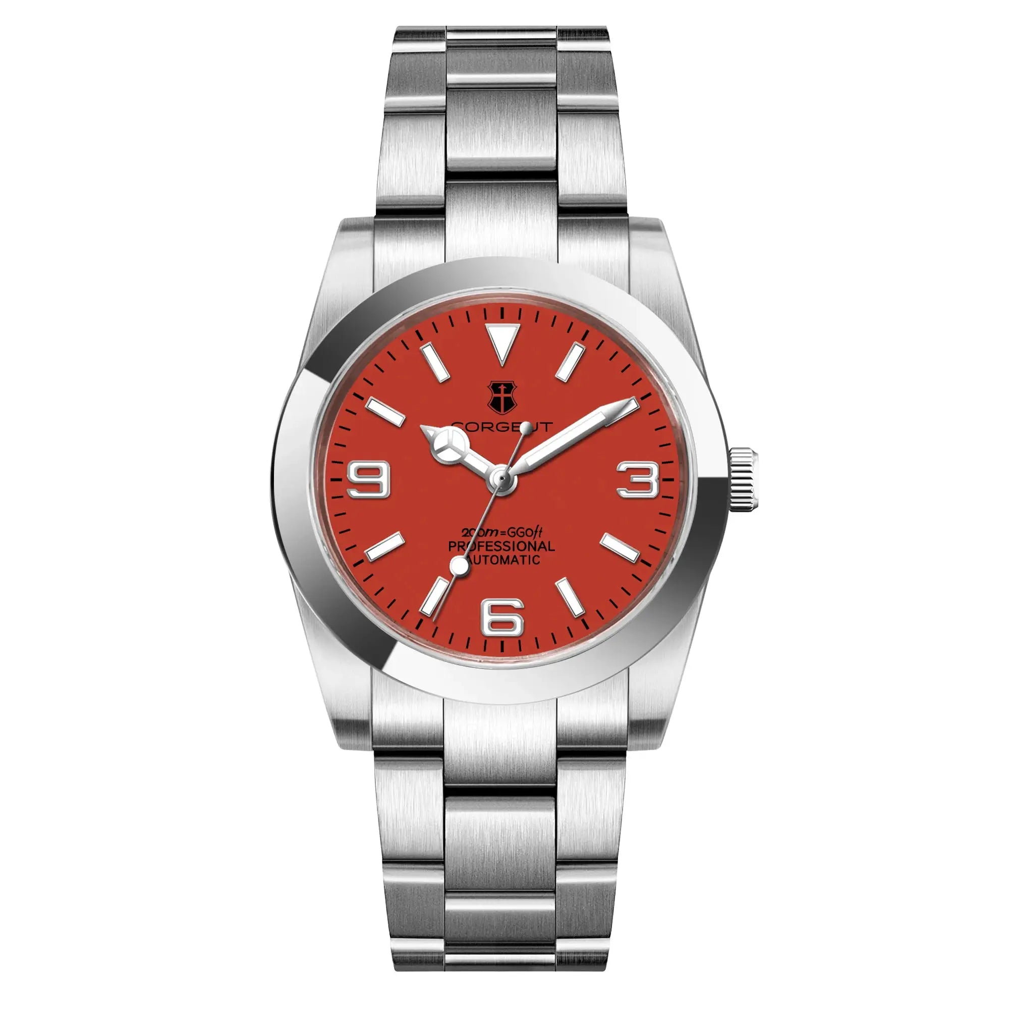 Corgeut men's stainless steel automatic watch with red dial and sapphire crystal