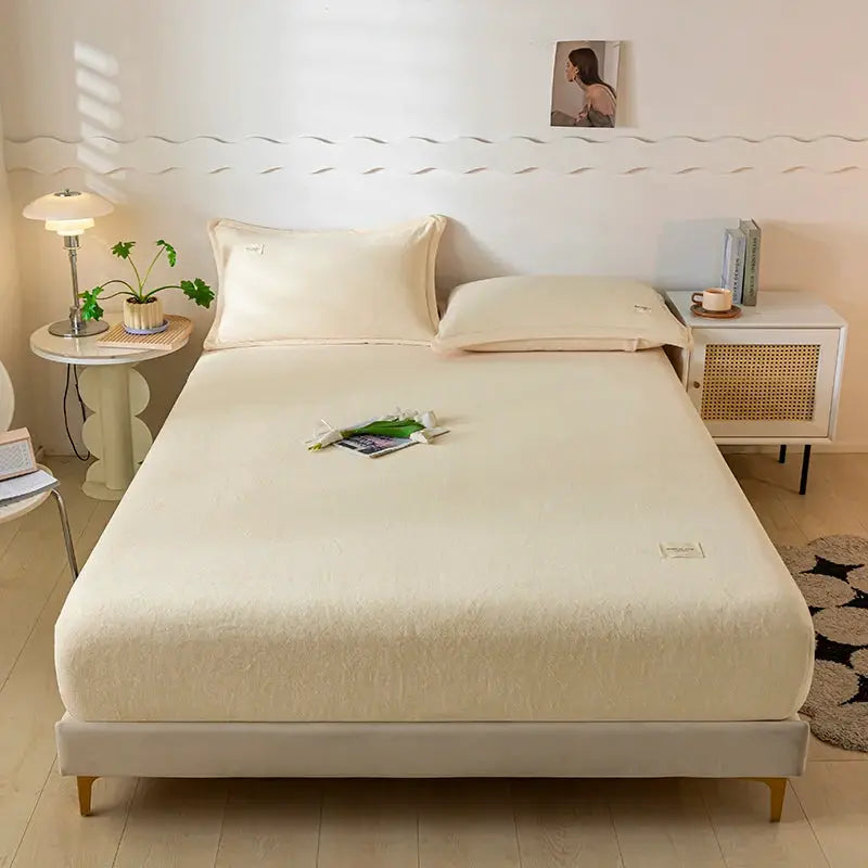 Velvet thermal mattress cover in cream on a neatly made queen-size bed (120x200)