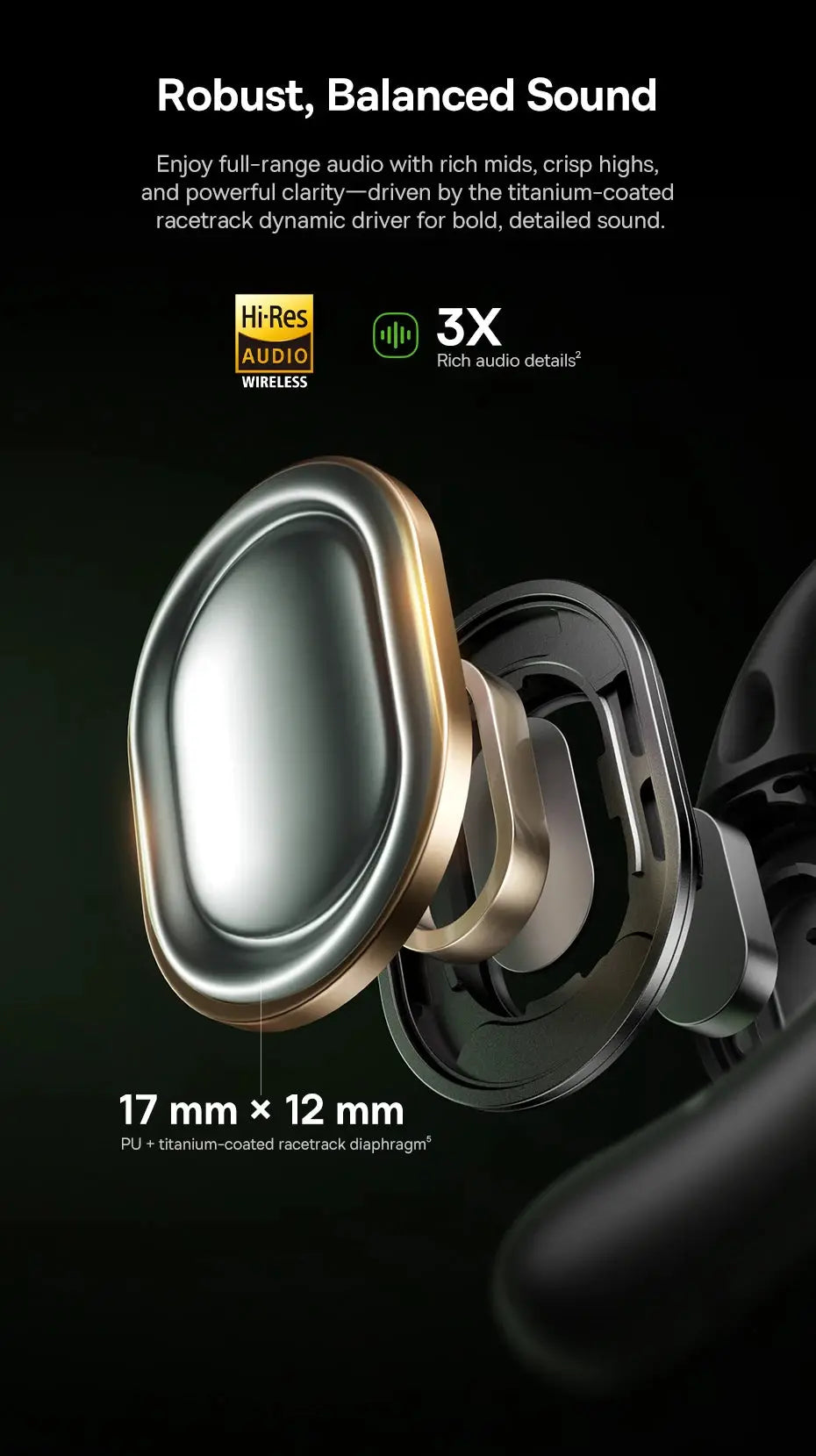 Baseus Eli Sport 2 open-ear wireless earphones; gold-toned design with titanium-coated 17x12 mm diaphragms