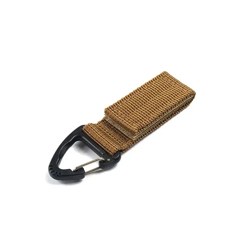 Nylon strap with tan-brown webbing and black carabiner from Simples Market for outdoor camping