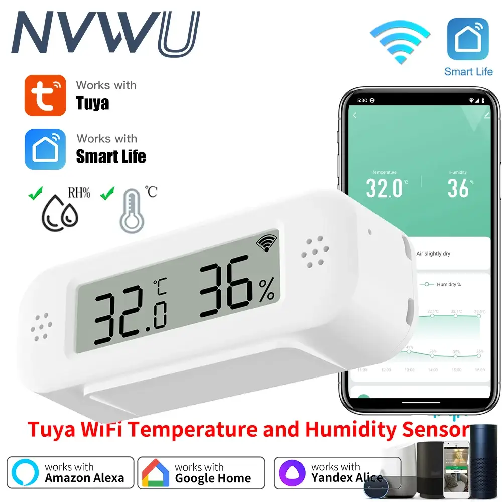 Tuya WiFi mini temperature and humidity sensor; white compact thermometer hygrometer with LCD; works with Google Home