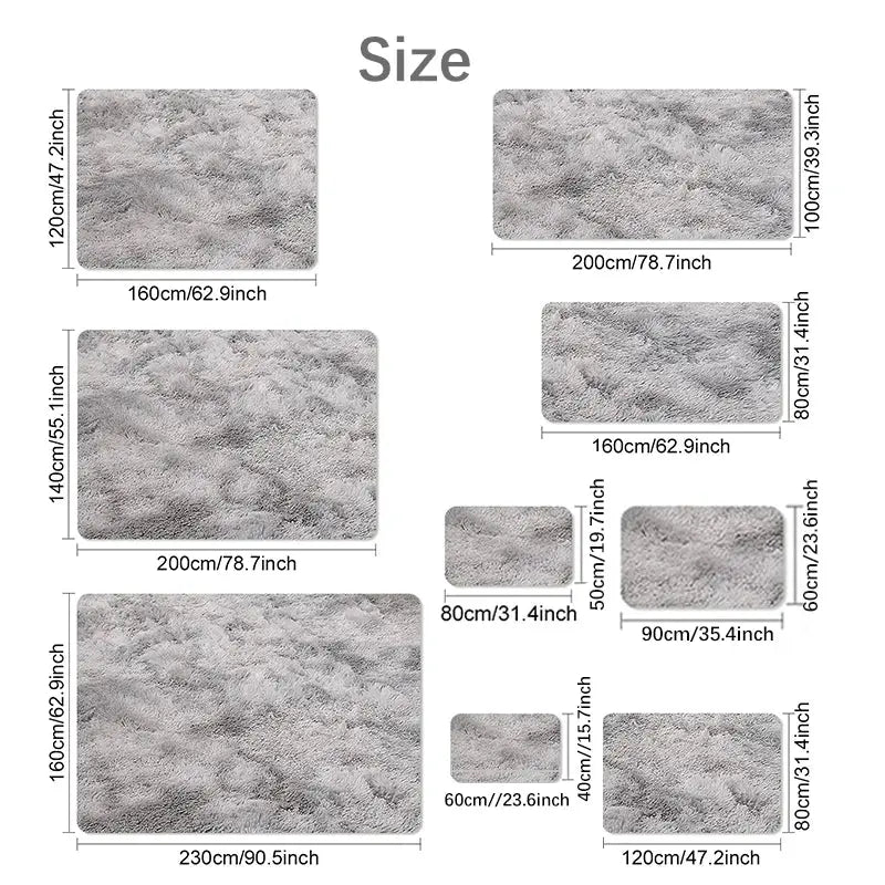 VIKAMA gray shag area rug by Simples Market, fluffy plush carpet shown in multiple sizes