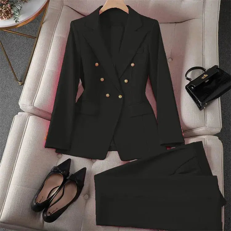 Two-piece black blazer pant set for women with gold buttons.