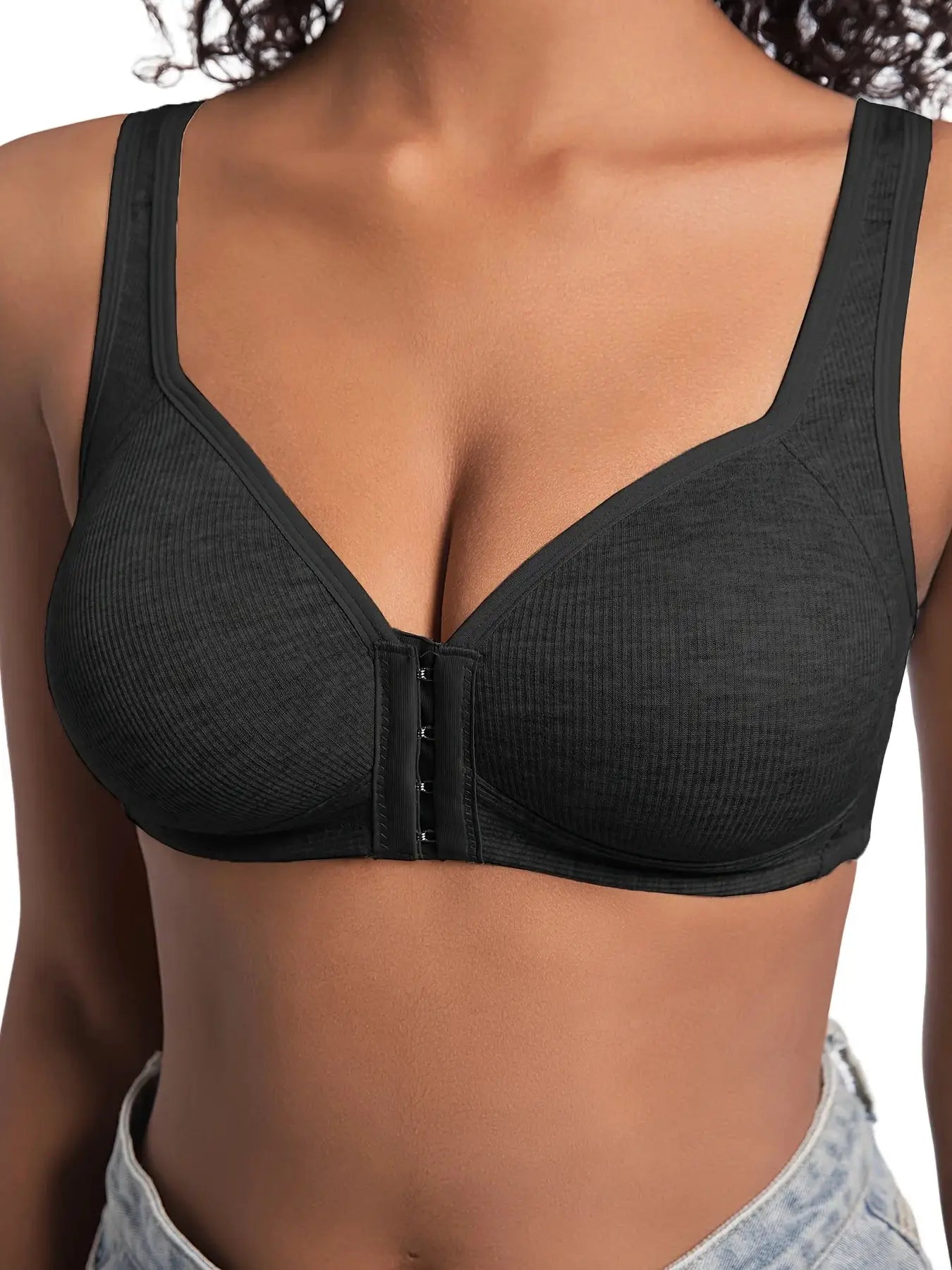Women's black wire-free front-closure bra with full-coverage cups