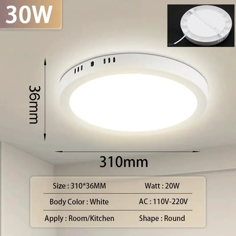 Simples Market LED ceiling lamp, round white panel, 110-265V, 20W/30W indoor lighting