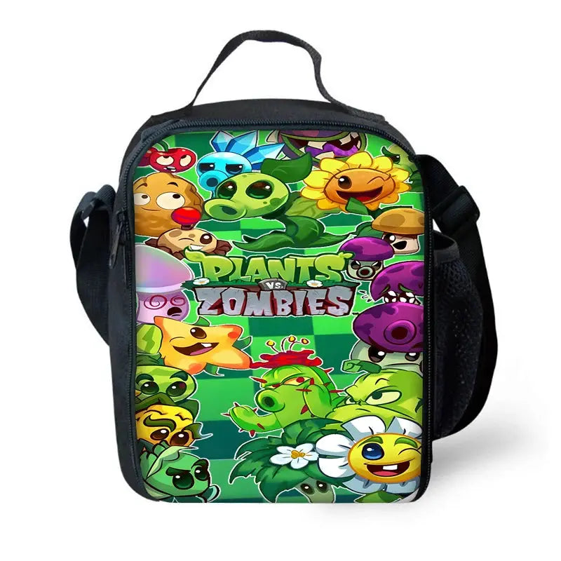 Plants vs Zombies themed kids' school backpack with cartoon characters on a green background