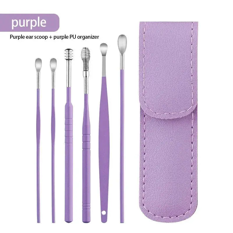 Six Piece Stainless Steel Ear Picking Tool Set With Leather Bag Ear Cleaning Spoon Kit Easy To Carry At Home