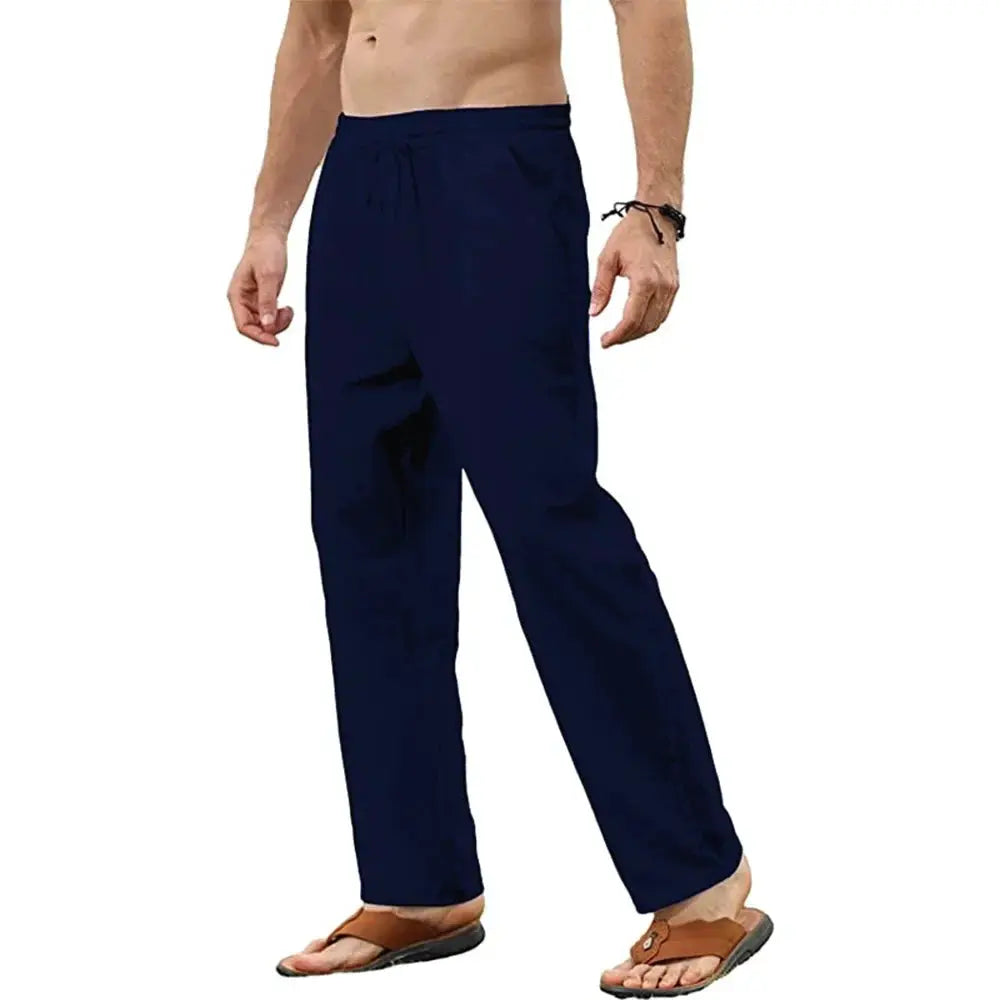 Men's navy blue cotton-linen pants with drawstring, loose jogger style by Simples Market