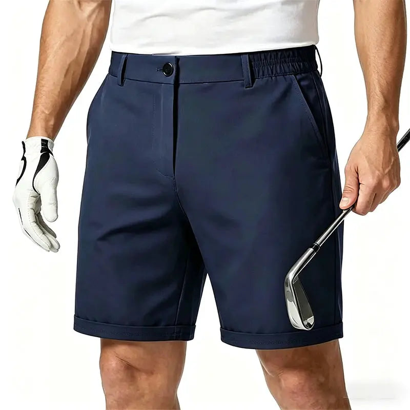 Men's navy blue 100% cotton shorts with button waist, belt loops and rolled hems