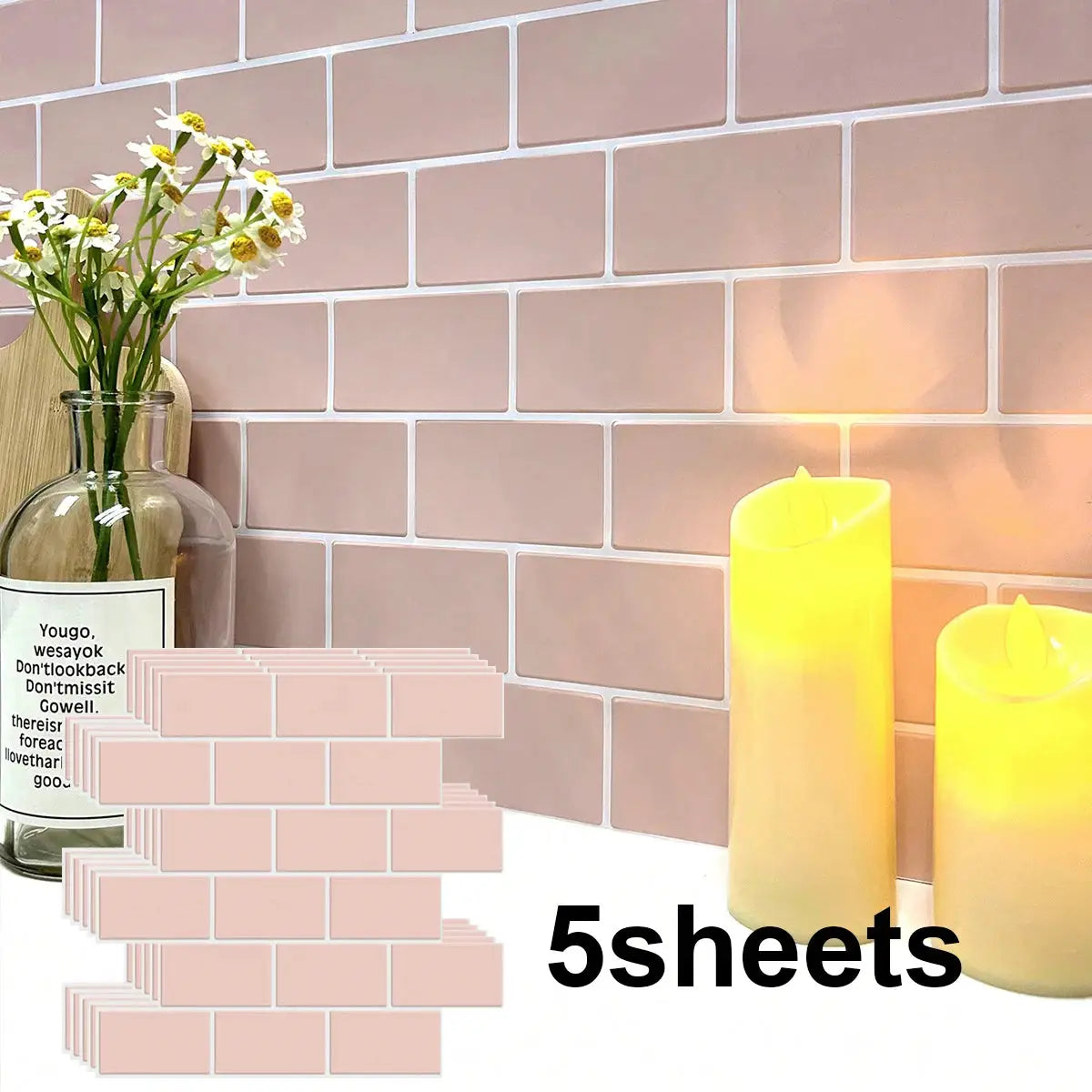 Simples Market pink waterproof peel-and-stick backsplash tiles, 5 sheets, easy to clean for kitchen or bathroom decor