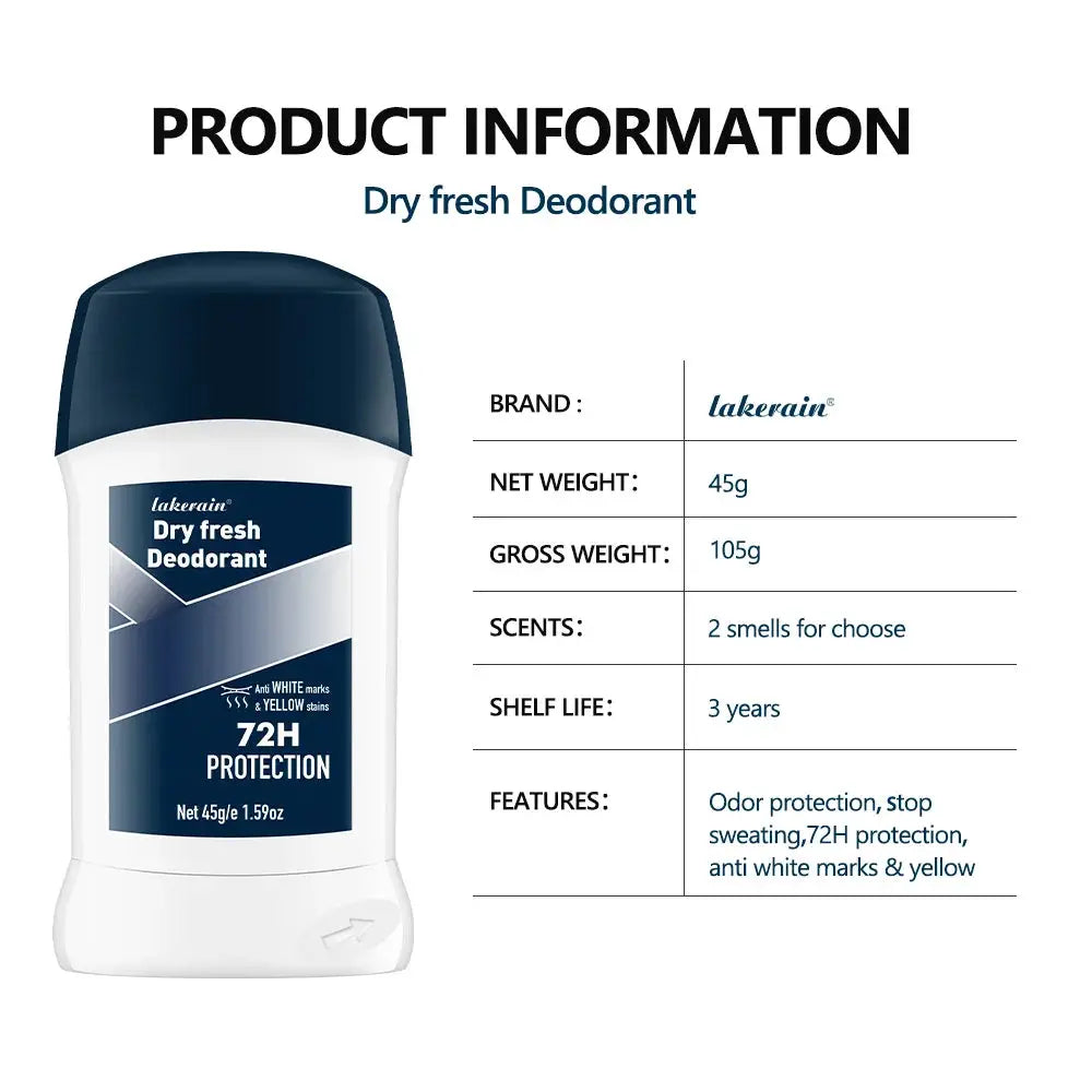 Lakerain Dry Fresh Deodorant for men, 45g bottle with navy cap, anti-odor protection