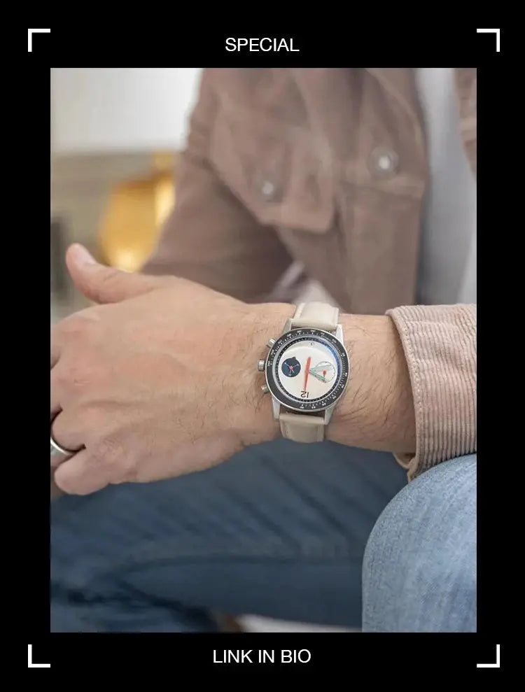 Simples Market CILOA2025 men's quartz watch, beige leather strap, white dial with dual subdials