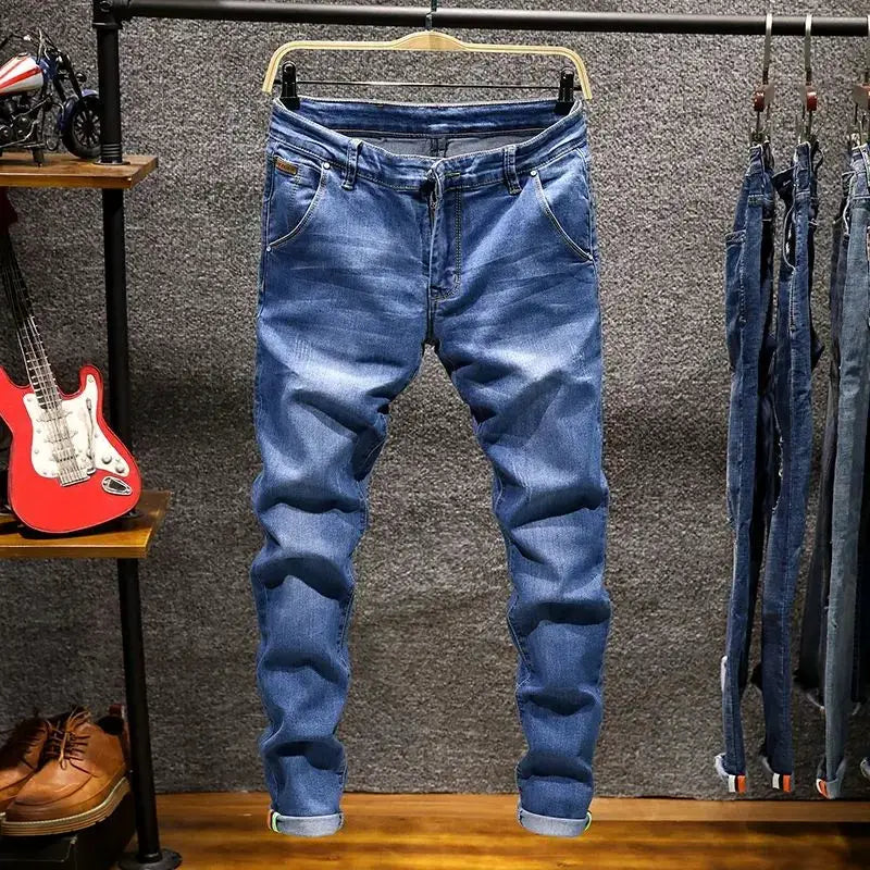 Men's American Elastic Straight Jeans by Simples Market, blue denim with rolled cuffs