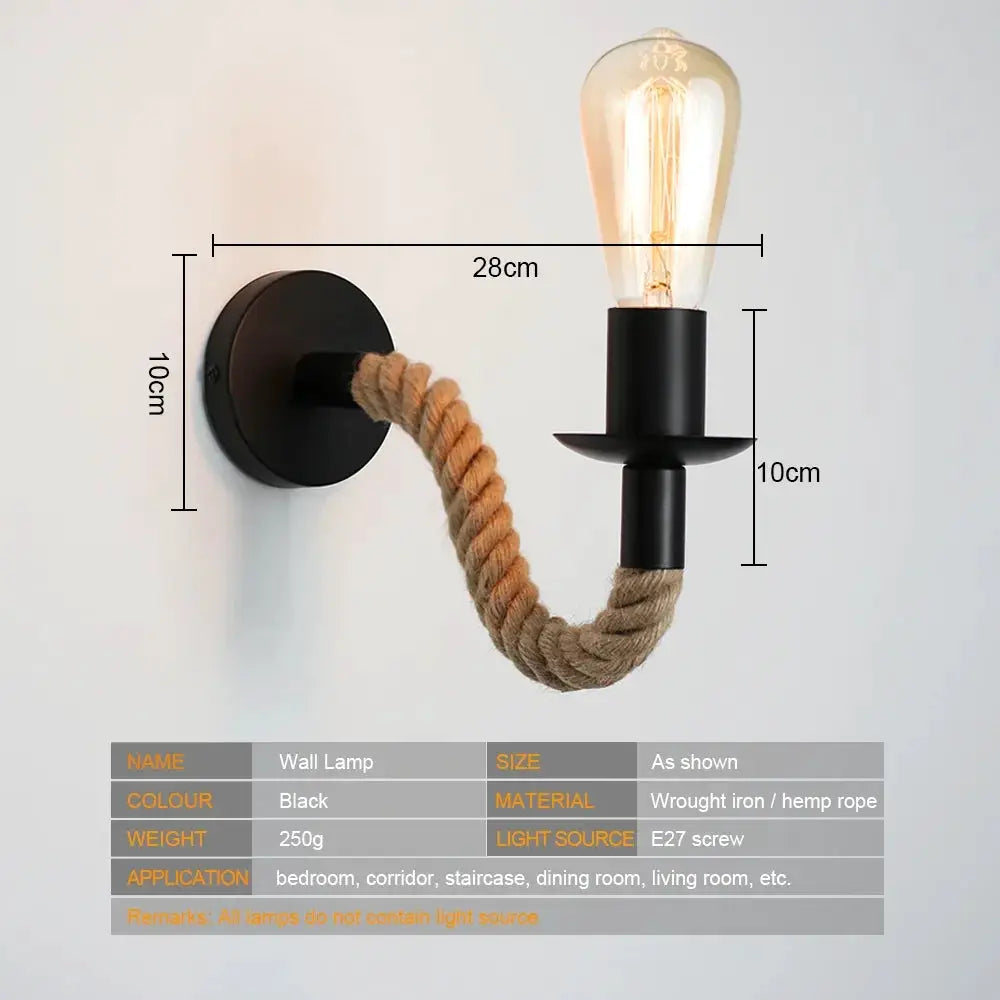 Simples Market wall lamp with black iron mount and hemp rope arm, E27 Edison bulb for indoor decor