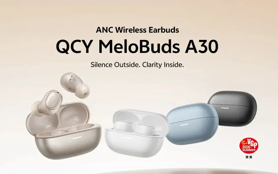 QCY MeloBuds A30 wireless earbuds with ANC; four color cases beige, white, blue, black.