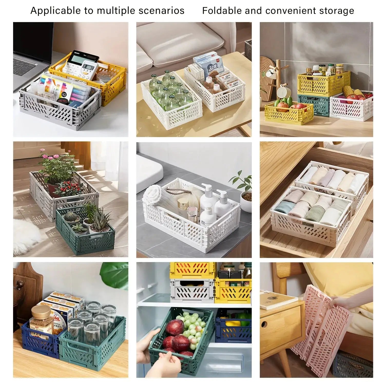 Plastic foldable storage crates by Simples Market; stackable organizers in white/gray for makeup, jewelry, toys.