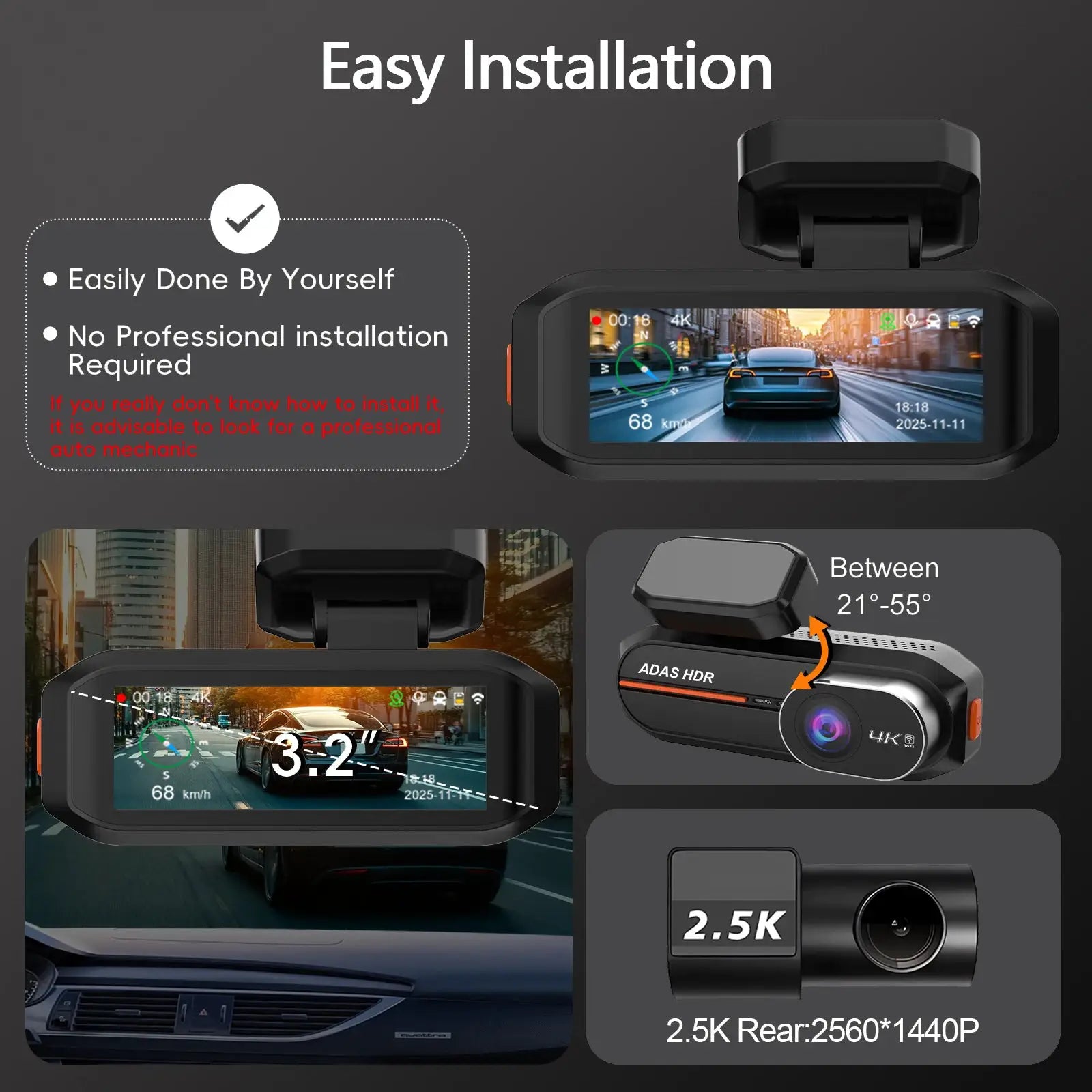 4K dash cam with WiFi GPS ADAS, front/rear, 3.2in display, night vision, black Simples Market