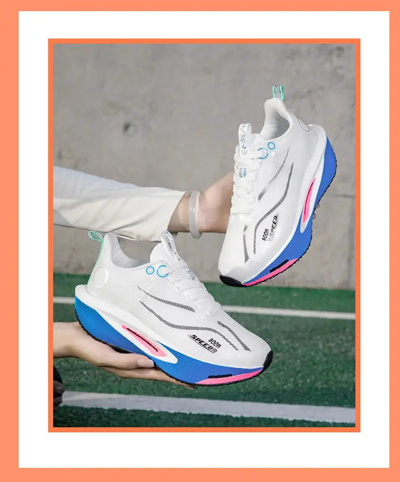 Simples Market carbon plate running shoes, white with blue and pink accents, unisex pair