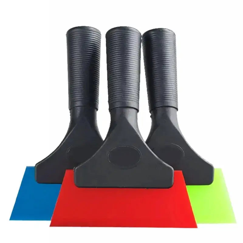 3-piece automotive window film scraper set with black handles and blue, red, lime blades