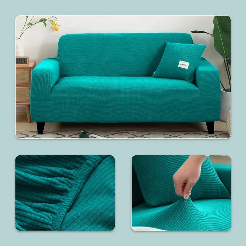 Teal elastic jacquard sofa cover for 1–5 seaters; textured stretch fabric with secure fit
