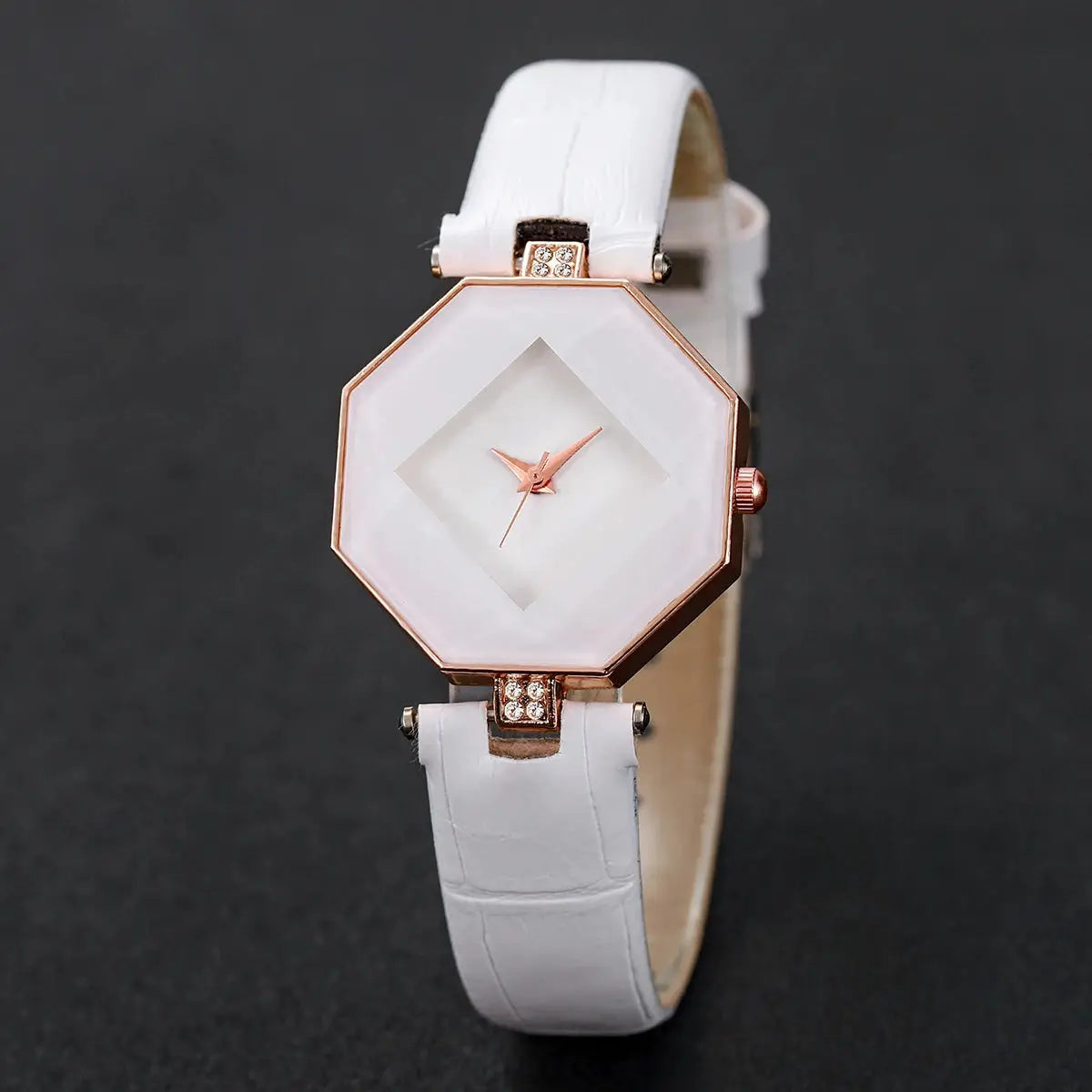 Women's watch with white leather band, rose-gold octagonal bezel, crystal-accent connectors