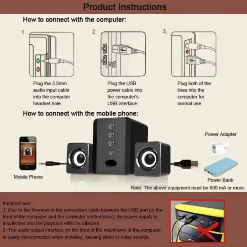 XIKCU universal 3D PC sound bar system with USB and two satellite speakers, black desktop set
