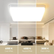 Modern LED square ceiling light panel by Simples Market for 110–220V; living room shows 6000K/4000K/3000K temps.