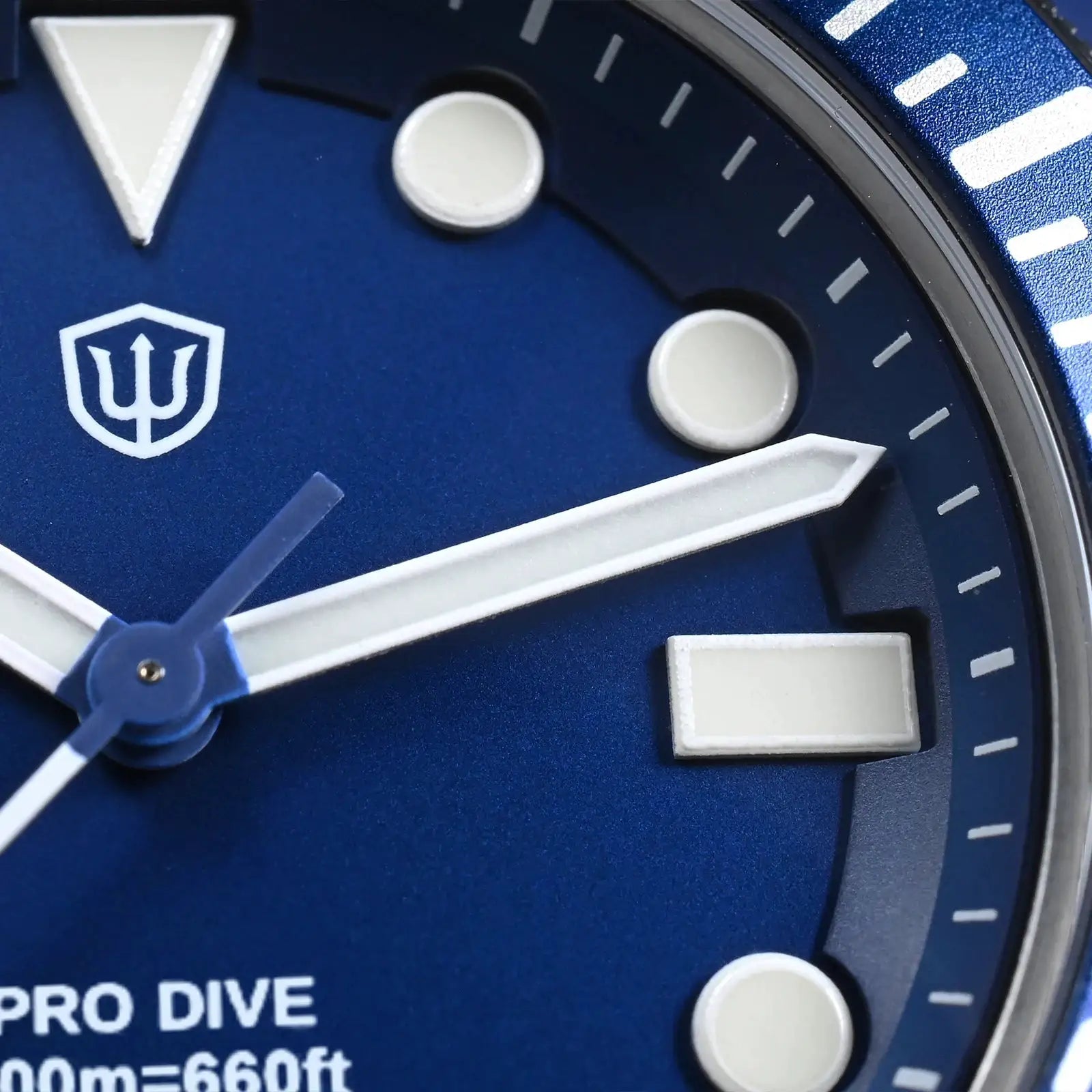 Watchdives WD1969 Pro 38mm blue dial diver’s watch with white luminous hands, bold markers, blue bezel, shield logo