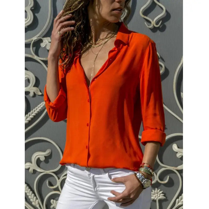 Autumn shirt, orange women's blouse with polo collar, loose button-down, rolled sleeves