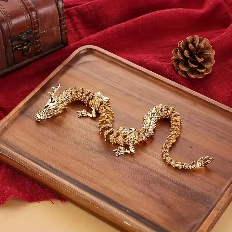 3D alloy golden dragon statue with movable limbs; Simples Market desktop decor symbolizing power and luck.