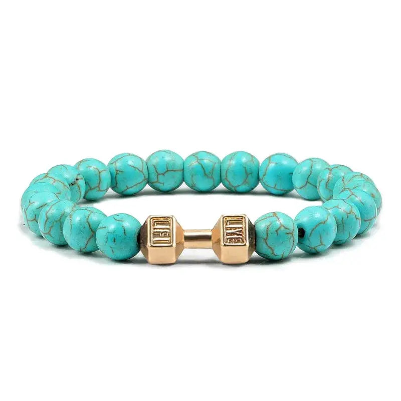 Natural Volcanic Stone Bracelet For Men And Women Matte Black Lava White Beads Dumbbell Charm Strand Fitness Jewelry