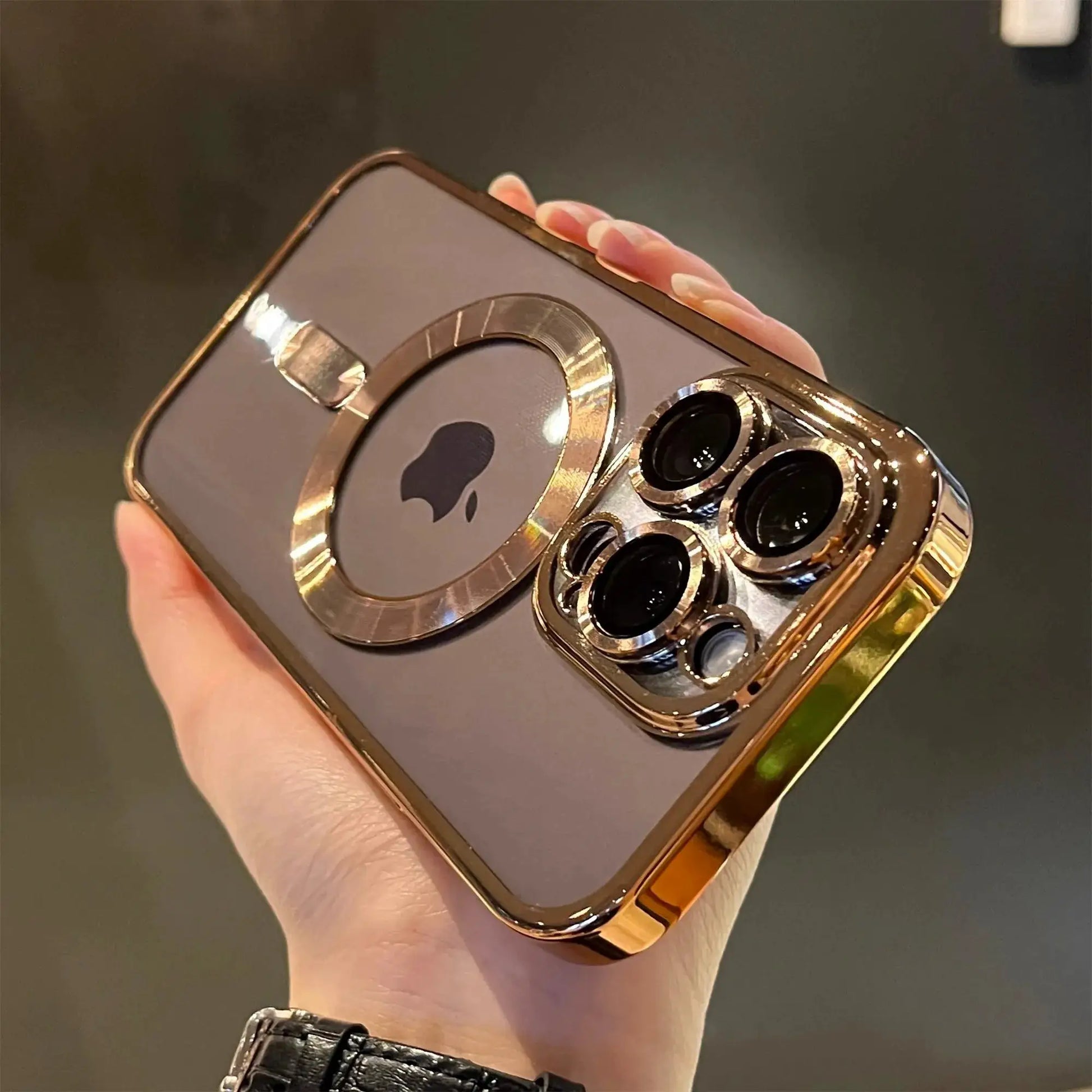 Luxury magnetic clear MagSafe iPhone case by Simples Market in rose-gold finish; shockproof with camera-ring detailing.