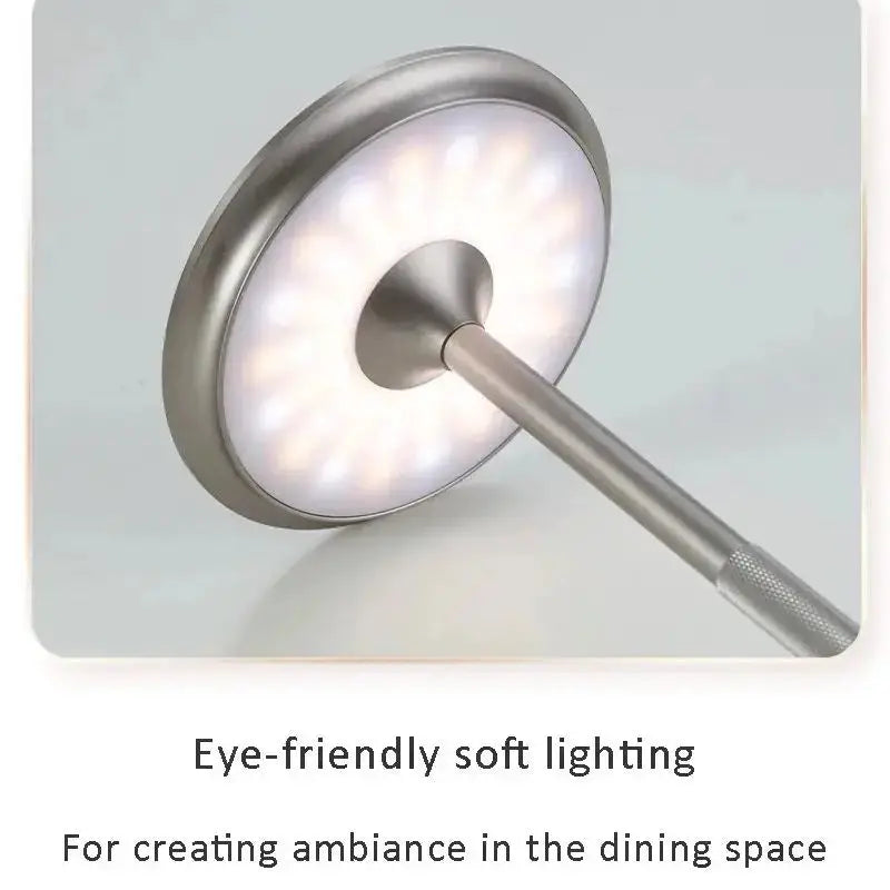 Wireless decorative table lamp by Simples Market; infinitely dimmable, rechargeable touch lamp with metal circular LED.