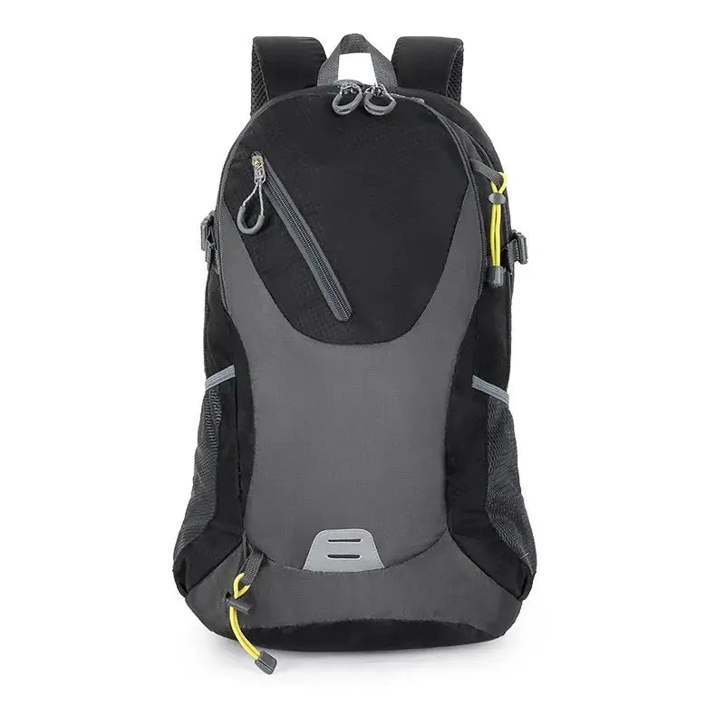 Classic 40L outdoor backpack in black and gray by Simples Market; waterproof travel backpack with yellow zipper accents.