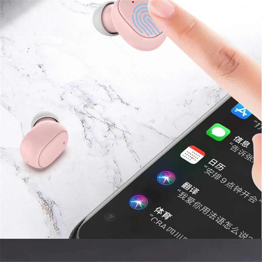 A6S wireless Bluetooth earphones pink with touch control and portable charging case