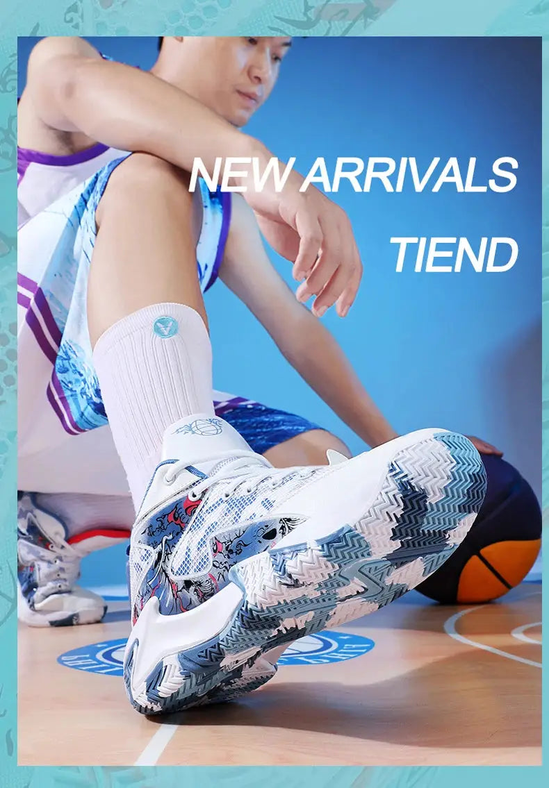 Men's athletic sneakers in white with blue patterned side panels and a chunky outsole