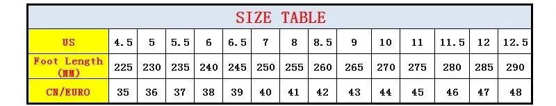 Simples Market men's canvas slip-on loafers size chart showing US and CN/Euro sizes with foot lengths.
