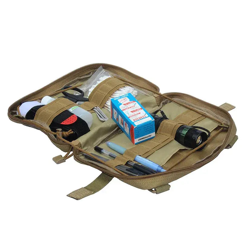 MOLLE medical EMT pouch in tan, open to reveal first aid supplies, tools, and a blue box
